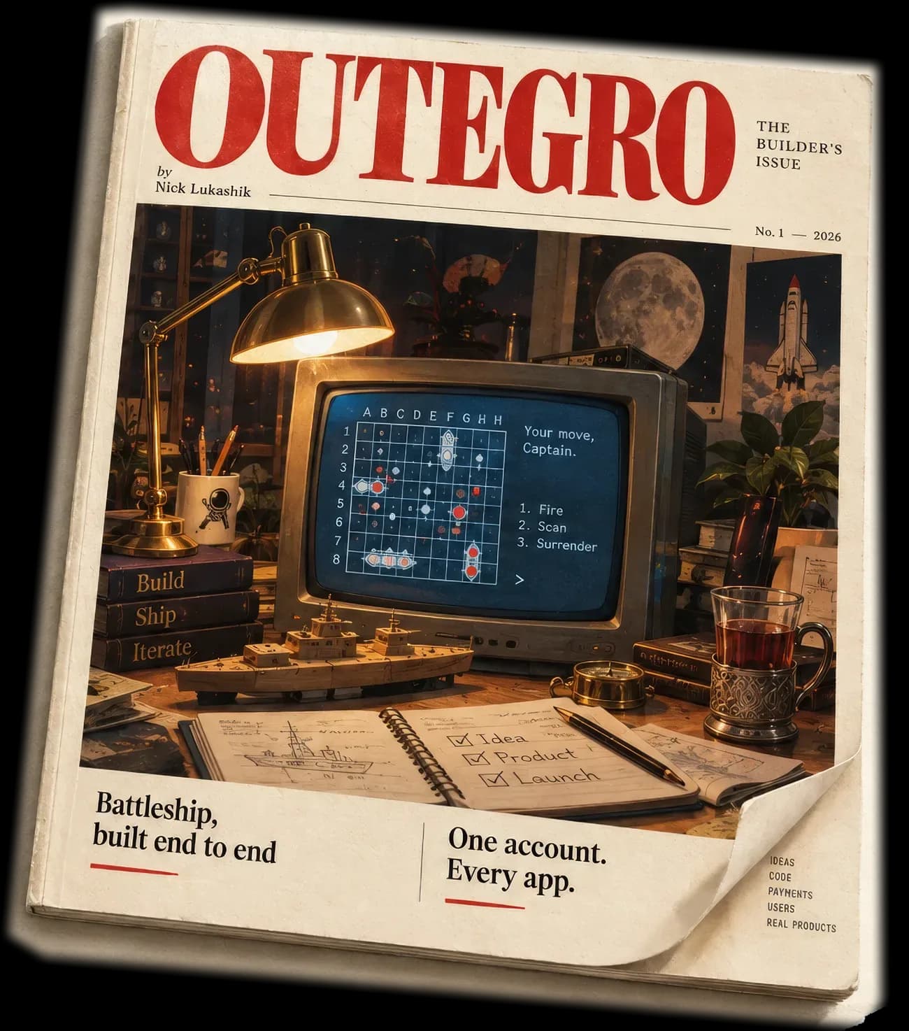 A cover in the style of an old popular-science magazine: an engineer’s desk at night, a brass lamp, a monitor with a Battleship game, a wooden toy ship, a notebook with a ticked list, posters of the Moon and a space shuttle, and a glass of tea in a holder.